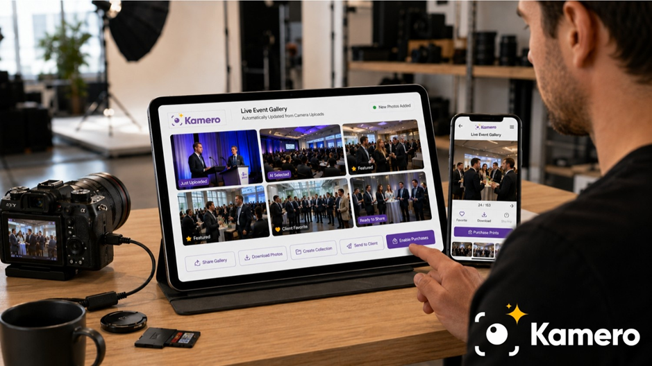 A professional photographer sets up an automated AI workflow in a studio, tapping a tablet displaying a live Kamero event gallery grid with sections like "AI Selected" and "Client Favorites" using corporate brand colors #6F4898 purple and #FFB700 orange. A smartphone beside the tablet shows a synchronized mobile-first client proofing layout, while a tethered camera, memory cards, and studio lights in the background showcase modern digital photography business scaling.