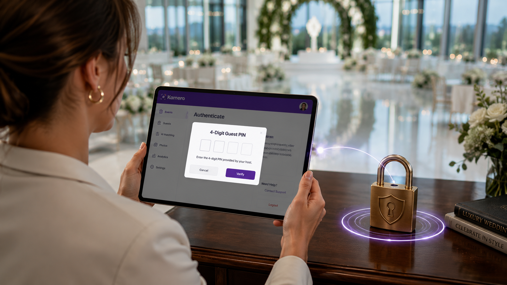 Secure AI photo sharing platform guest login on a tablet with a wedding hall background.