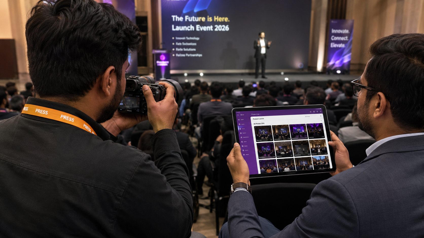 Corporate communications manager reviewing a real-time event photo management dashboard with approval workflow, dual-logo watermarking, and enterprise digital asset governance.
