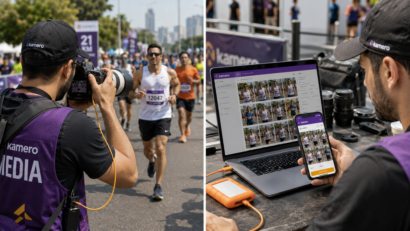 AI-powered race photo matching combining facial recognition and bib number recognition for marathon photography.