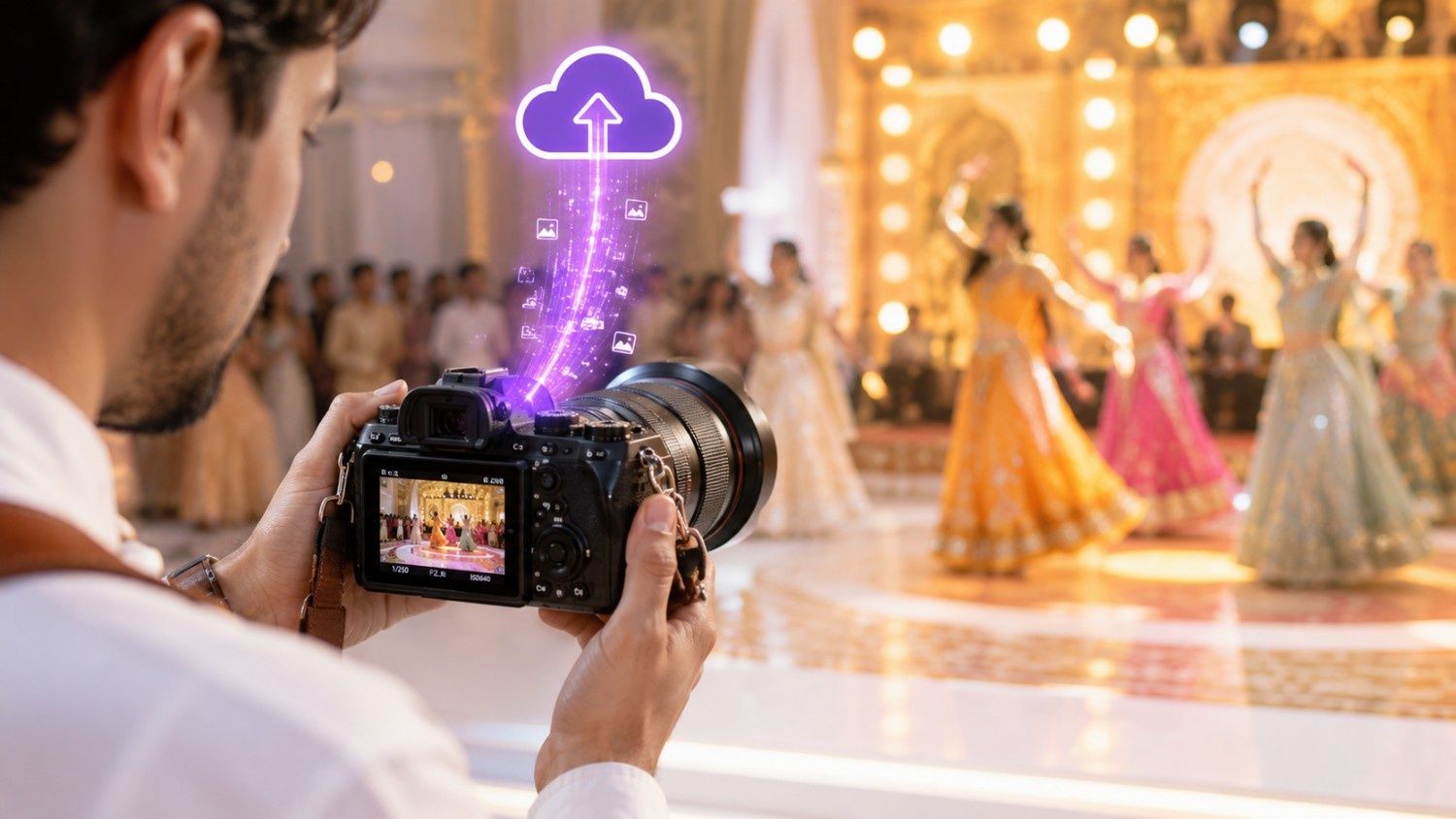 hotographer shooting a traditional Indian Sangeet dance performance with a professional camera using a Camera-to-Cloud workflow to instantly upload footage.