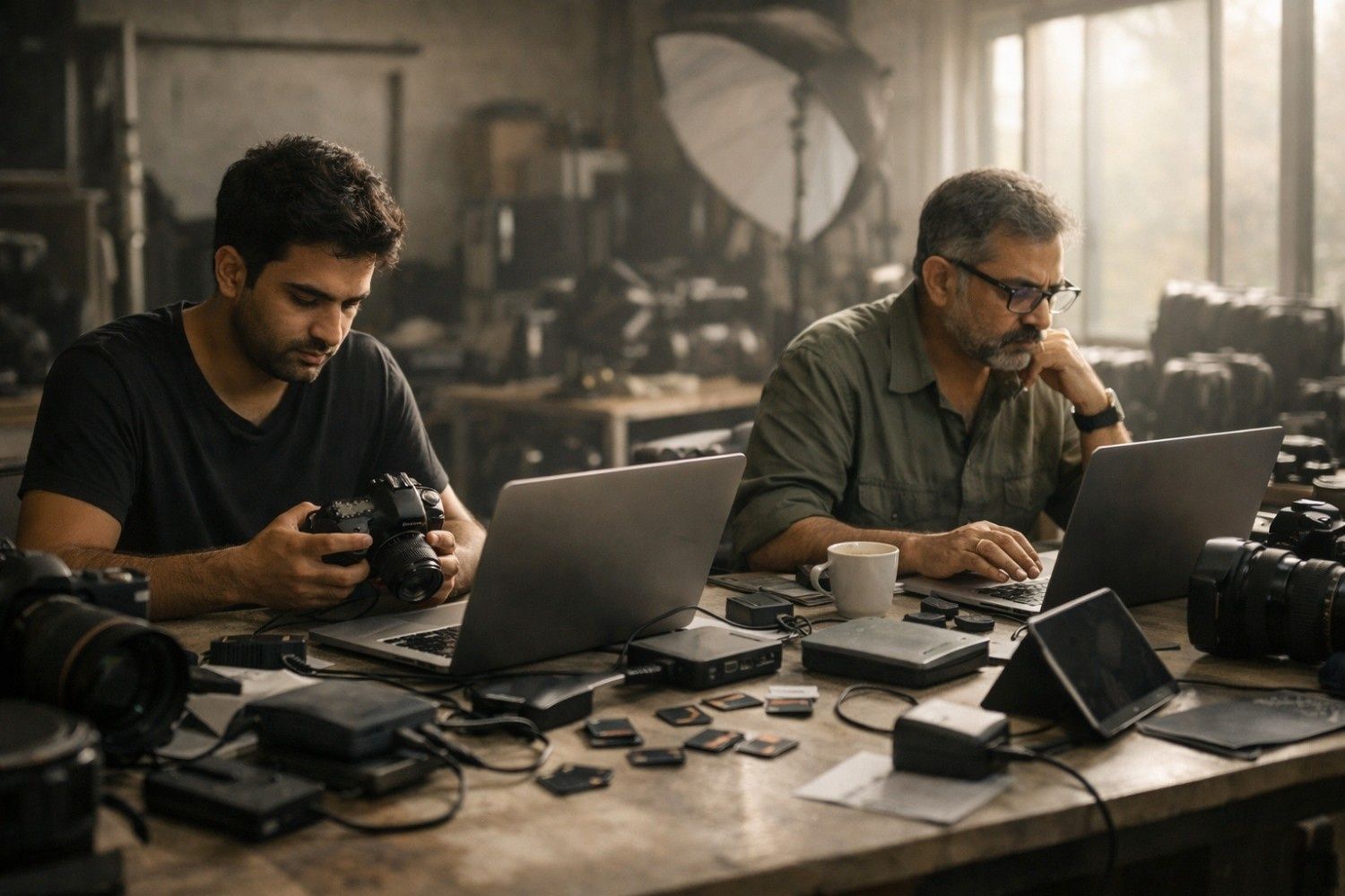 Two event photographers managing post-event photo delivery at scale, reviewing thousands of images from cameras and memory cards on laptops, illustrating the shift from basic photo storage to a structured event photography workflow and client gallery delivery system