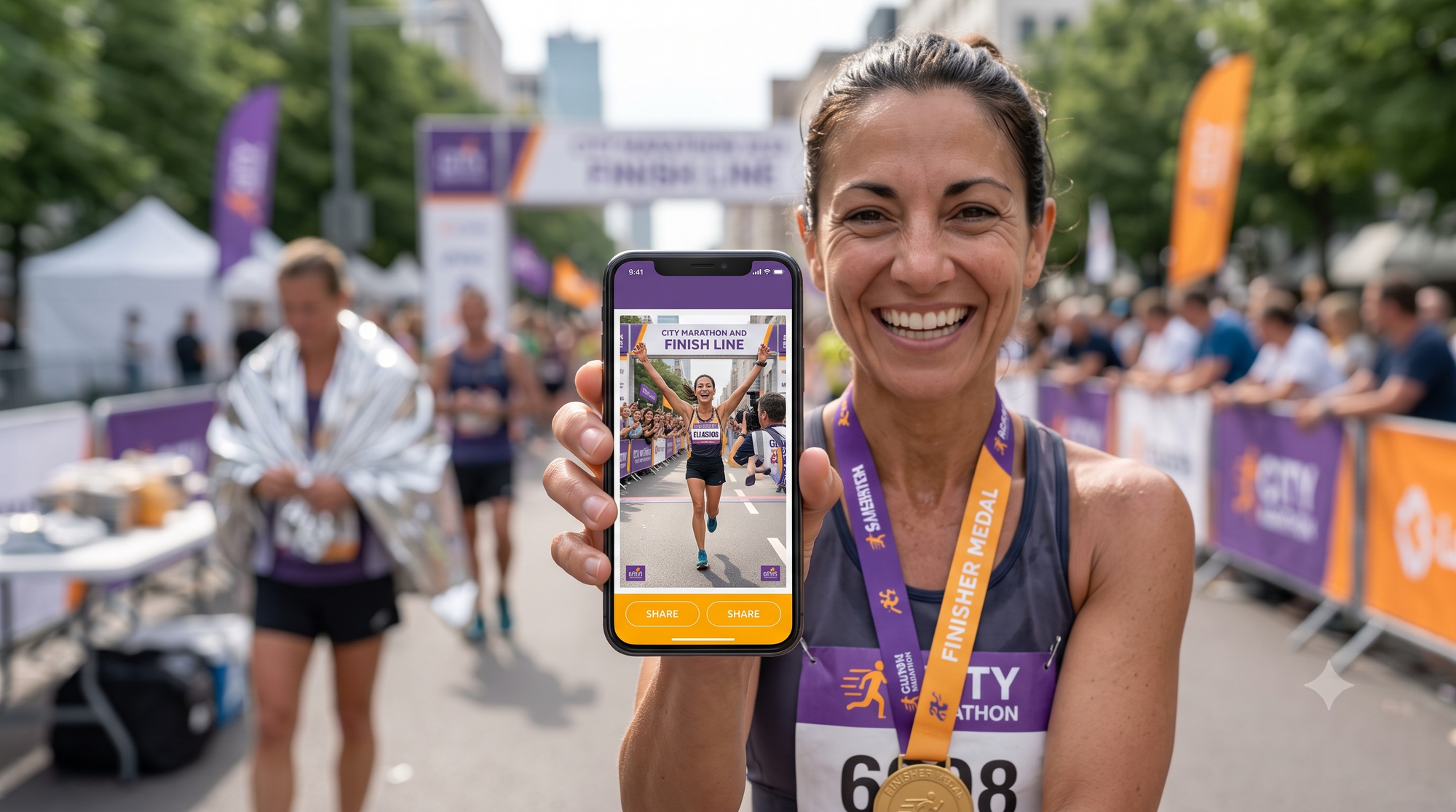 Marathon runner viewing an instant branded race photo on a smartphone, with sponsor branding and a personalized finish-line photo gallery.