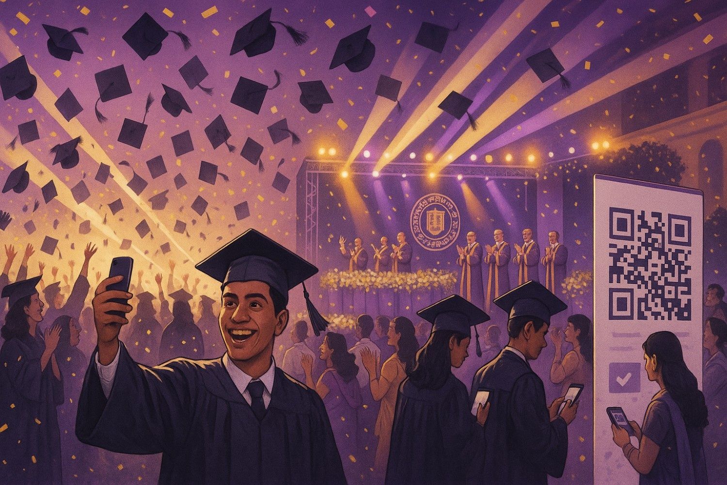 Graduates at a college convocation scanning a QR code to find and buy their photos with Kamero’s AI-powered event photography platform.