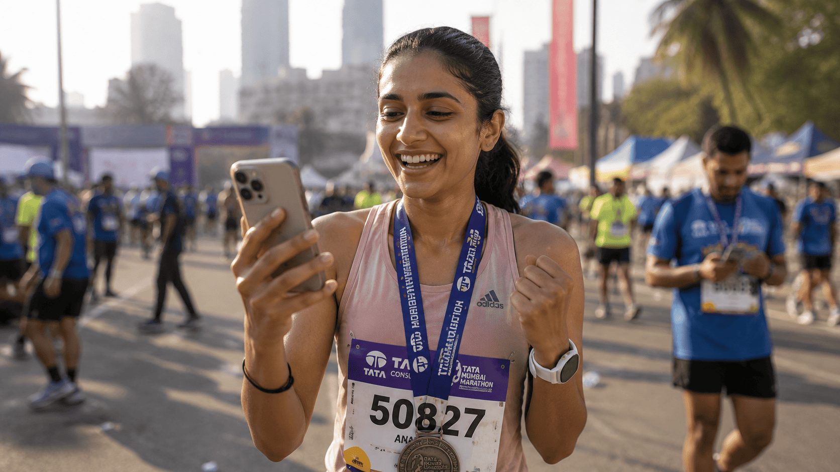 Marathon finisher viewing branded photos on Kamero app, showing AI-powered race sponsor visibility and digital ROI