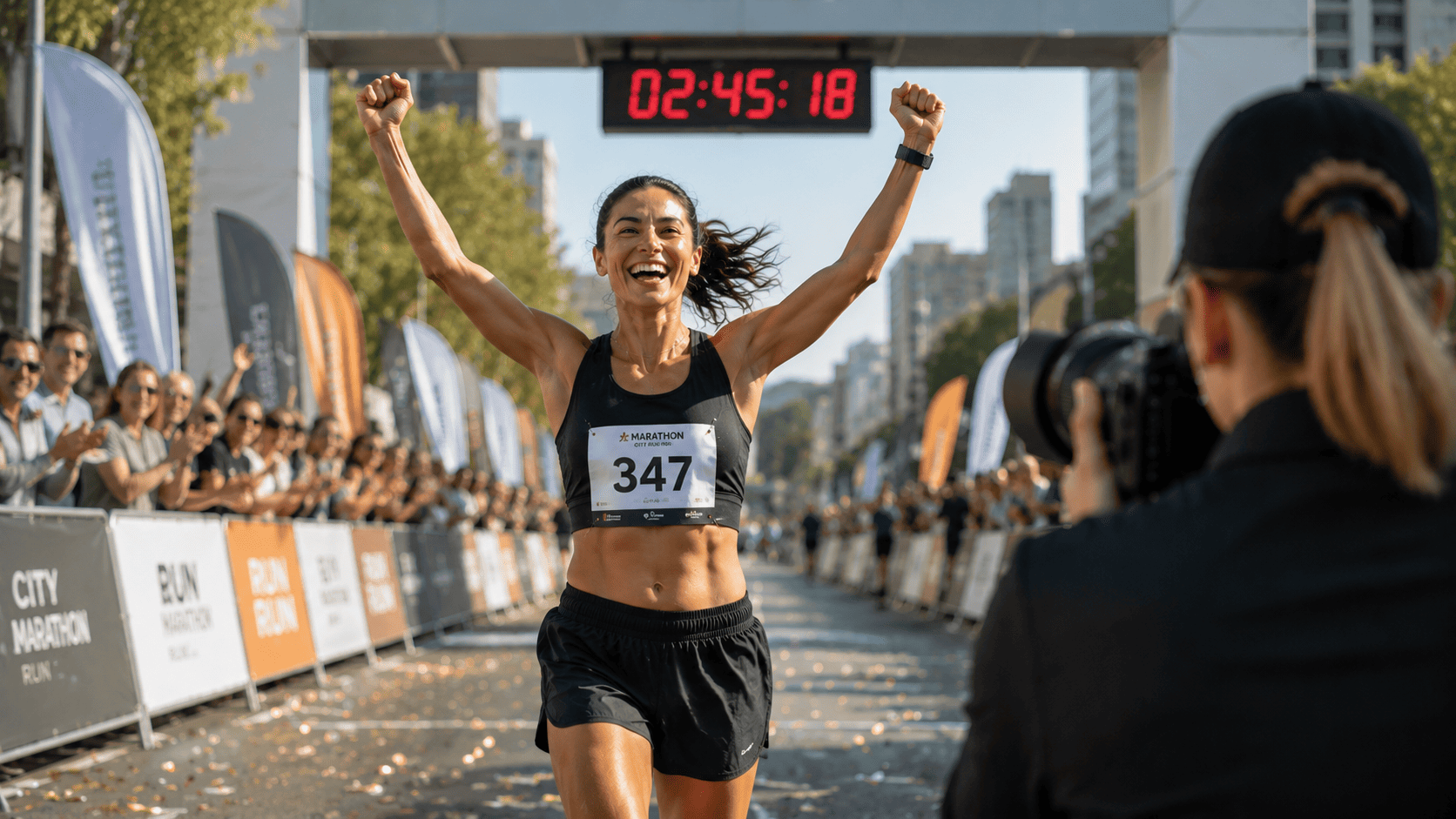 Victorious marathon runner crosses finish line; photographer shoots bib 347 for real-time AI race photo delivery.