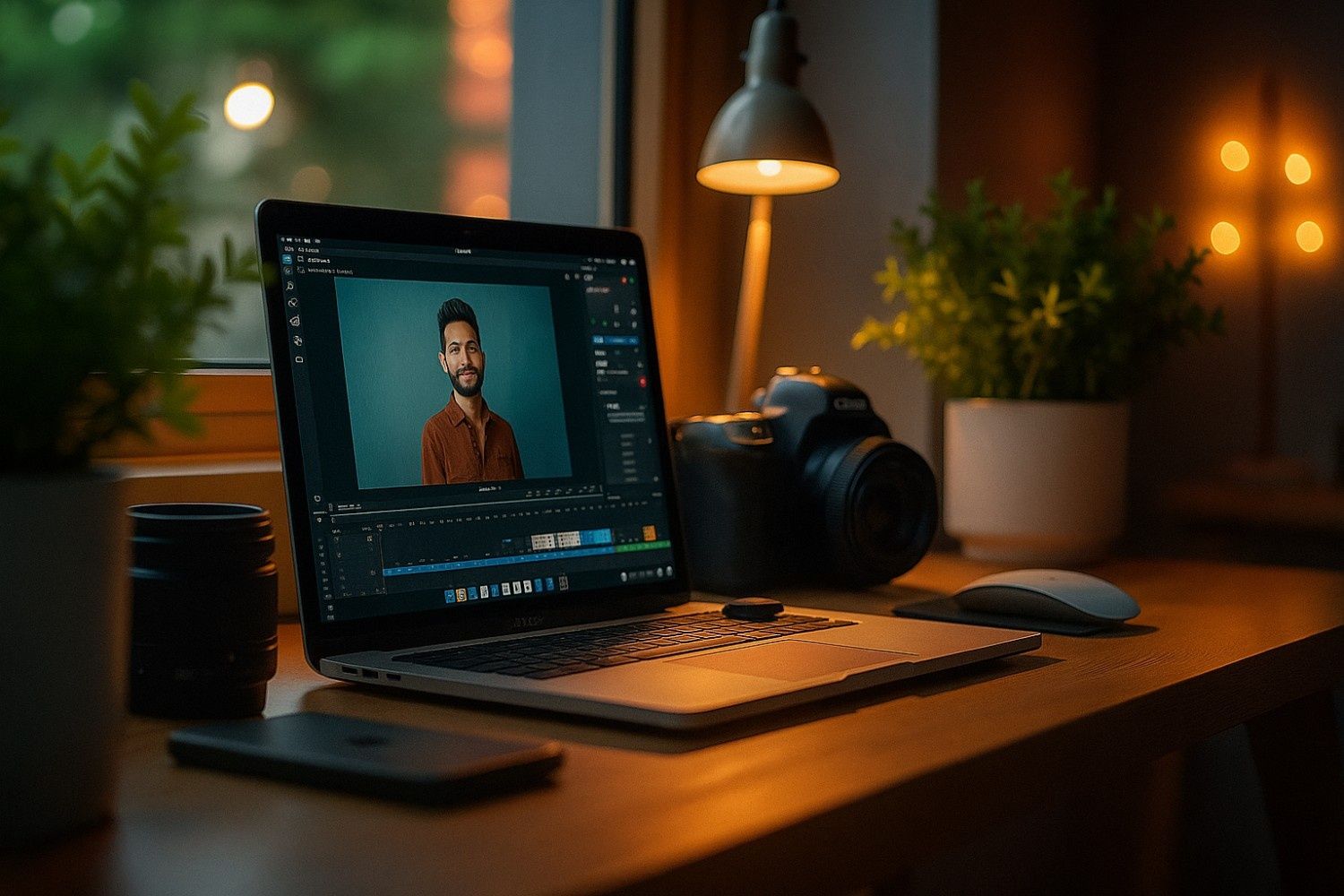 Professional photographer using AI photo editing and culling tools on a laptop, with camera and lenses on a modern workspace desk.