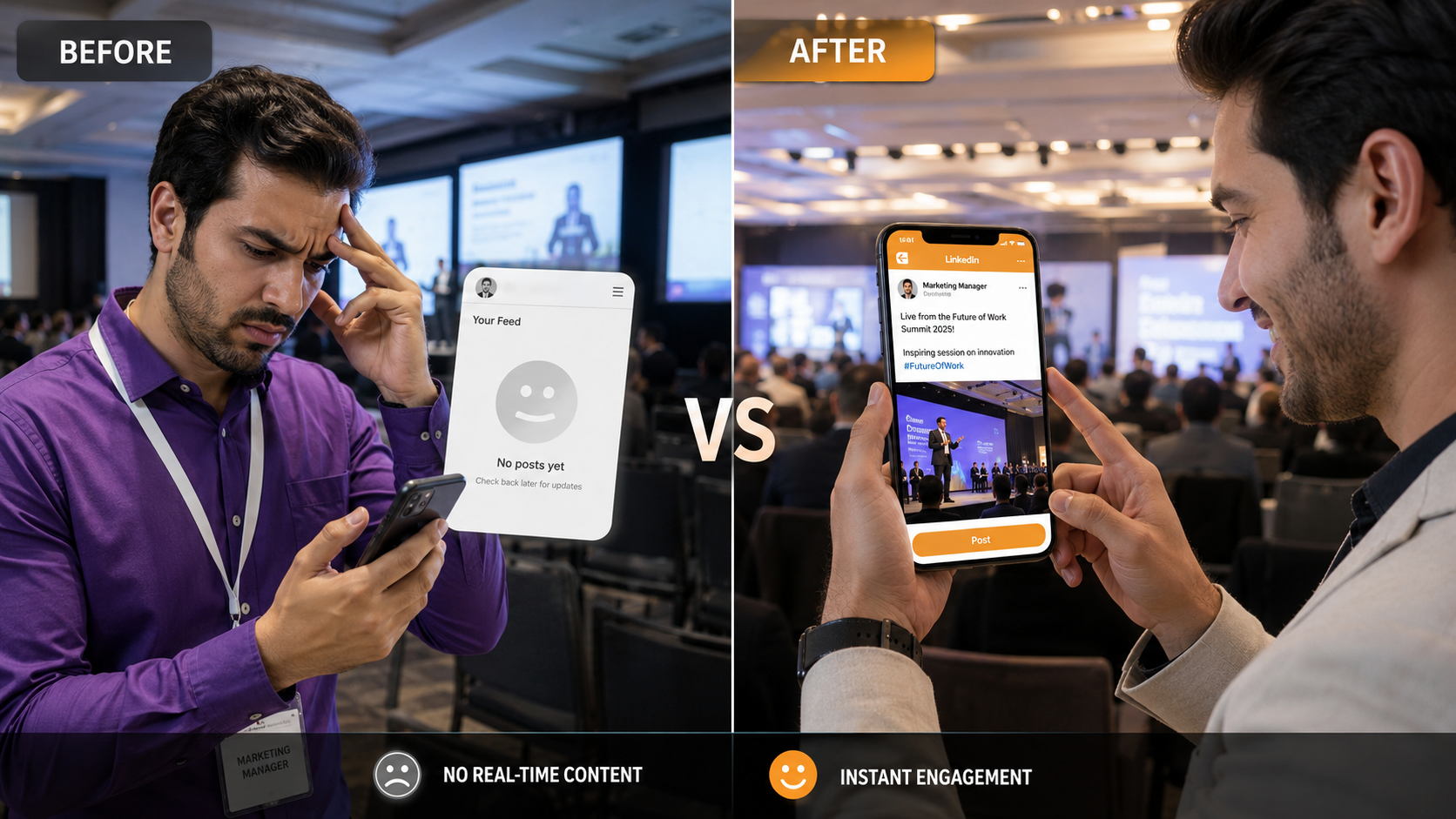 Split-screen showing a frustrated marketing manager with no live social media content on one side and a happy manager instantly posting a keynote photo to LinkedIn during a conference on the other, illustrating real-time event content sharing.