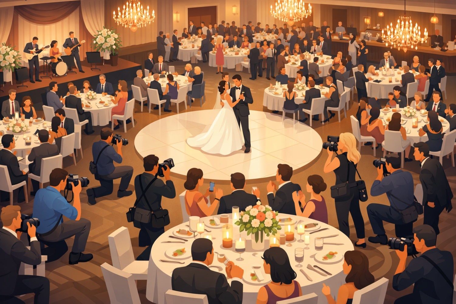 Large wedding reception with photographers capturing the couple’s first dance while guests celebrate around banquet tables. Represents high-volume wedding photography where many photos are taken across the event. Illustrates the need for organized, modern event photo galleries and scalable photo delivery for big weddings.