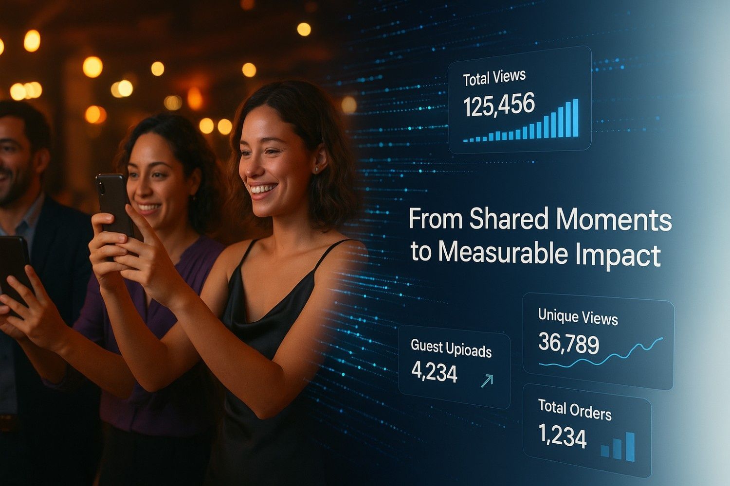 Event attendees viewing photos on their phones alongside a digital dashboard showing total views, unique views, guest uploads, and orders—illustrating photo engagement analytics and event ROI.