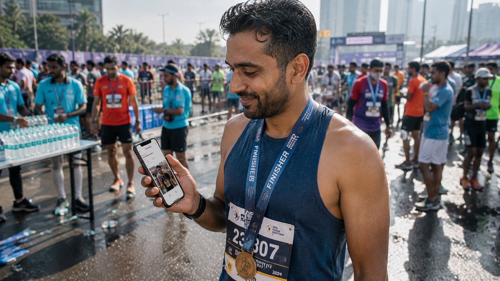 Marathon runners viewing his instant race photo on the Kamero app, demonstrating real-time AI-powered event photo sharing.