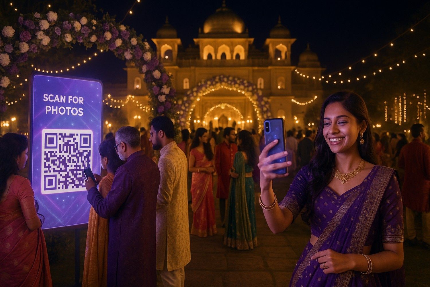 Guests at an evening event use a QR code display to instantly access their photos. A smiling woman in a purple saree takes a selfie as others scan the code under festive lights and floral arches.