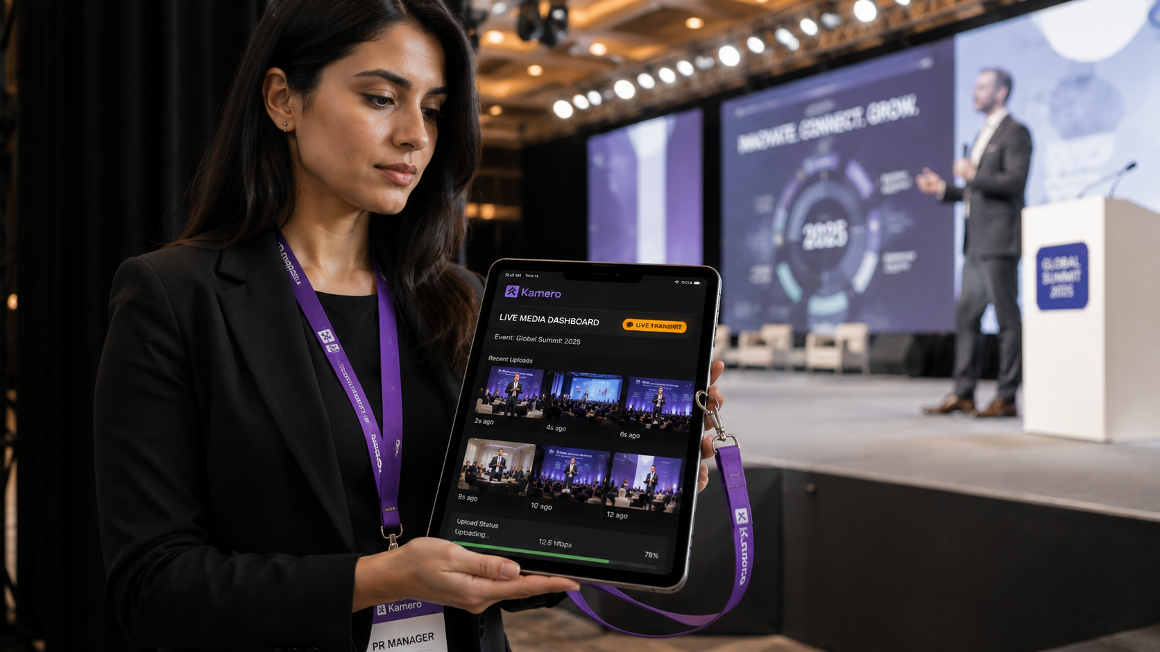 Corporate executive seated in a modern conference lounge viewing a newly captured professional event portrait on a smartphone and instantly sharing it to LinkedIn using a one-tap share button, demonstrating real-time social media engagement at a business event.