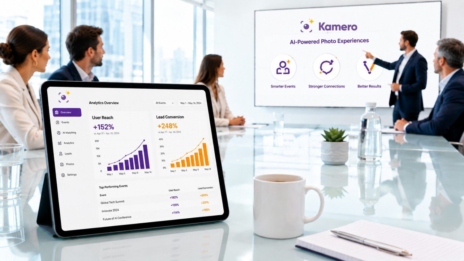 AI photo data analytics dashboard for proving corporate event ROI to the C-suite with Kamero event photo insights