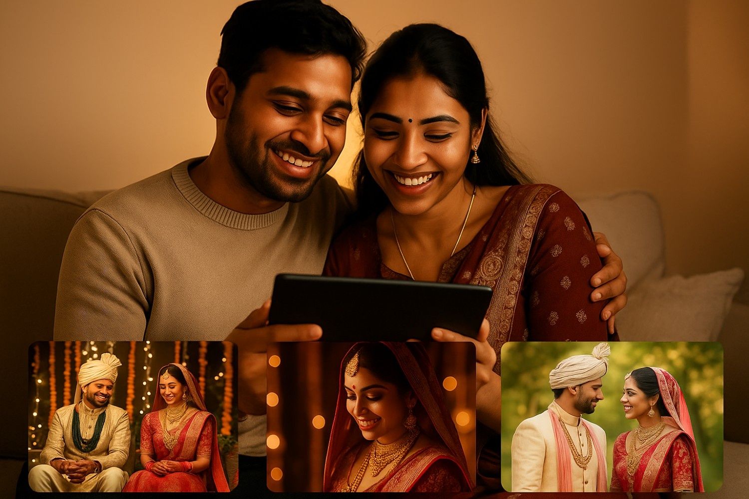 A newlywed couple reviewing and selecting their wedding photos on a tablet for their album.