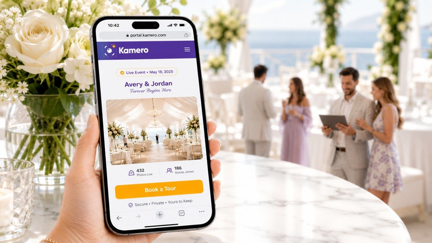 Real-time luxury wedding venue photo gallery on a smartphone using Kamero AI facial recognition and instant photo sharing to showcase live events and drive property bookings.