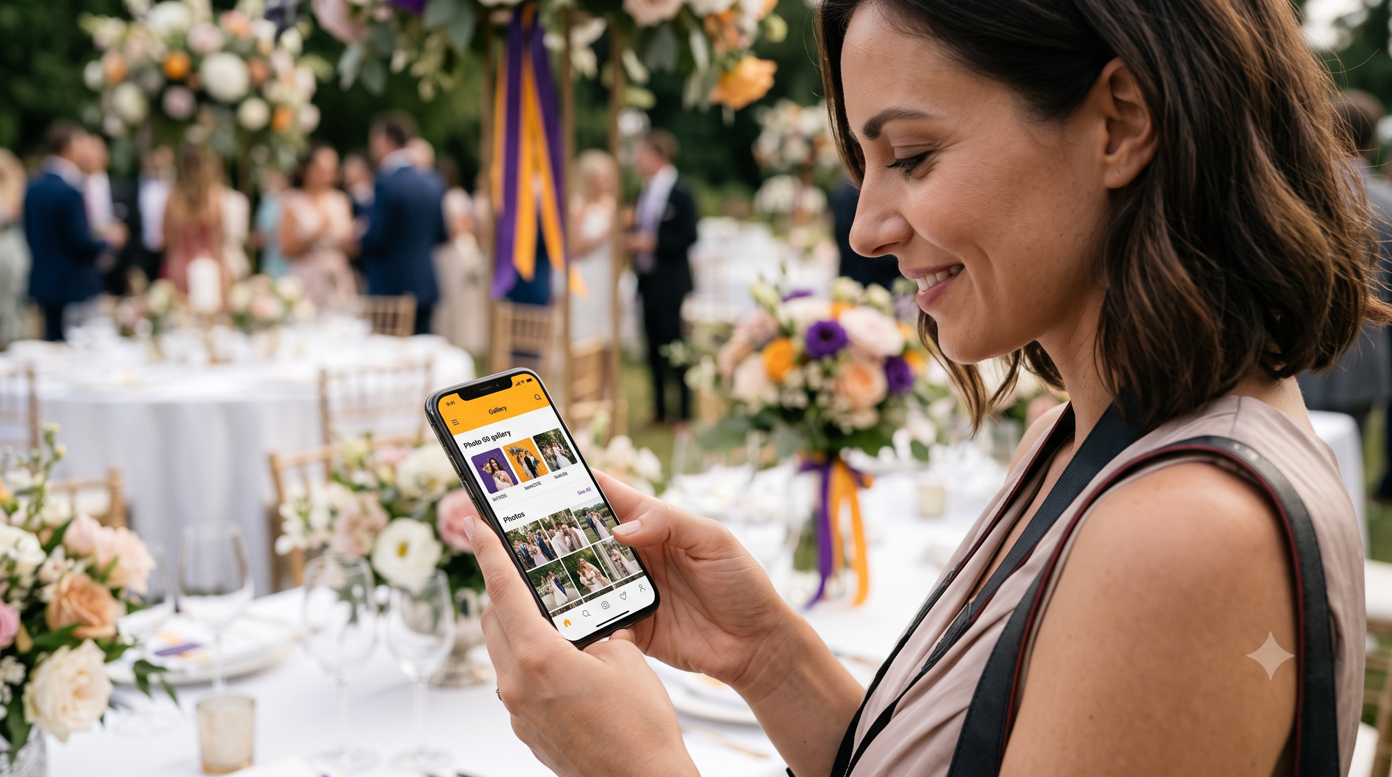 Alternative text: Personalized wedding photo gallery on Kamero with AI Face Recognition, instant guest photo access, and custom branding.