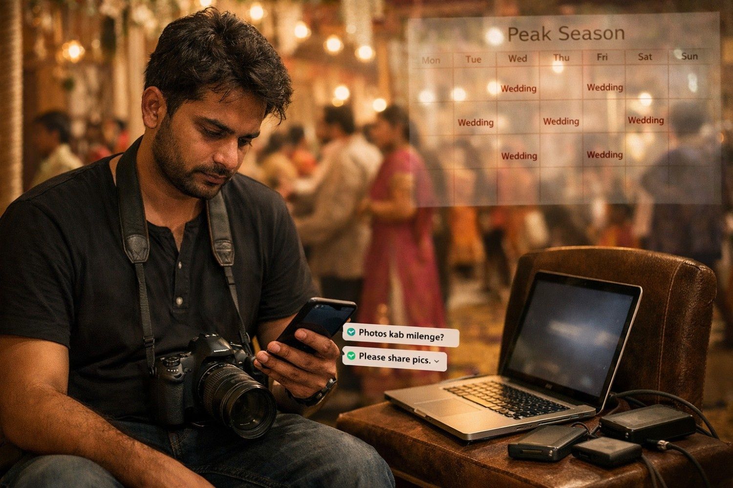 Wedding photographer overwhelmed during peak wedding season, checking client photo delivery requests while editing photos.