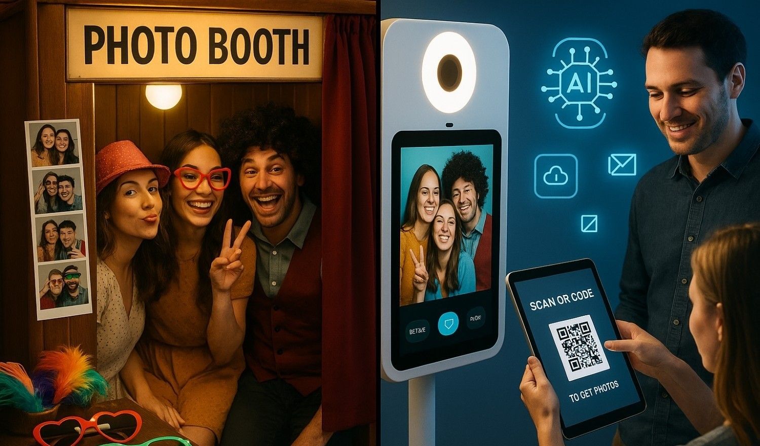 Comparison of a traditional photobooth with printed photo strips and a modern AI-powered digital photobooth using QR code photo delivery, featuring guests posing and accessing images instantly.