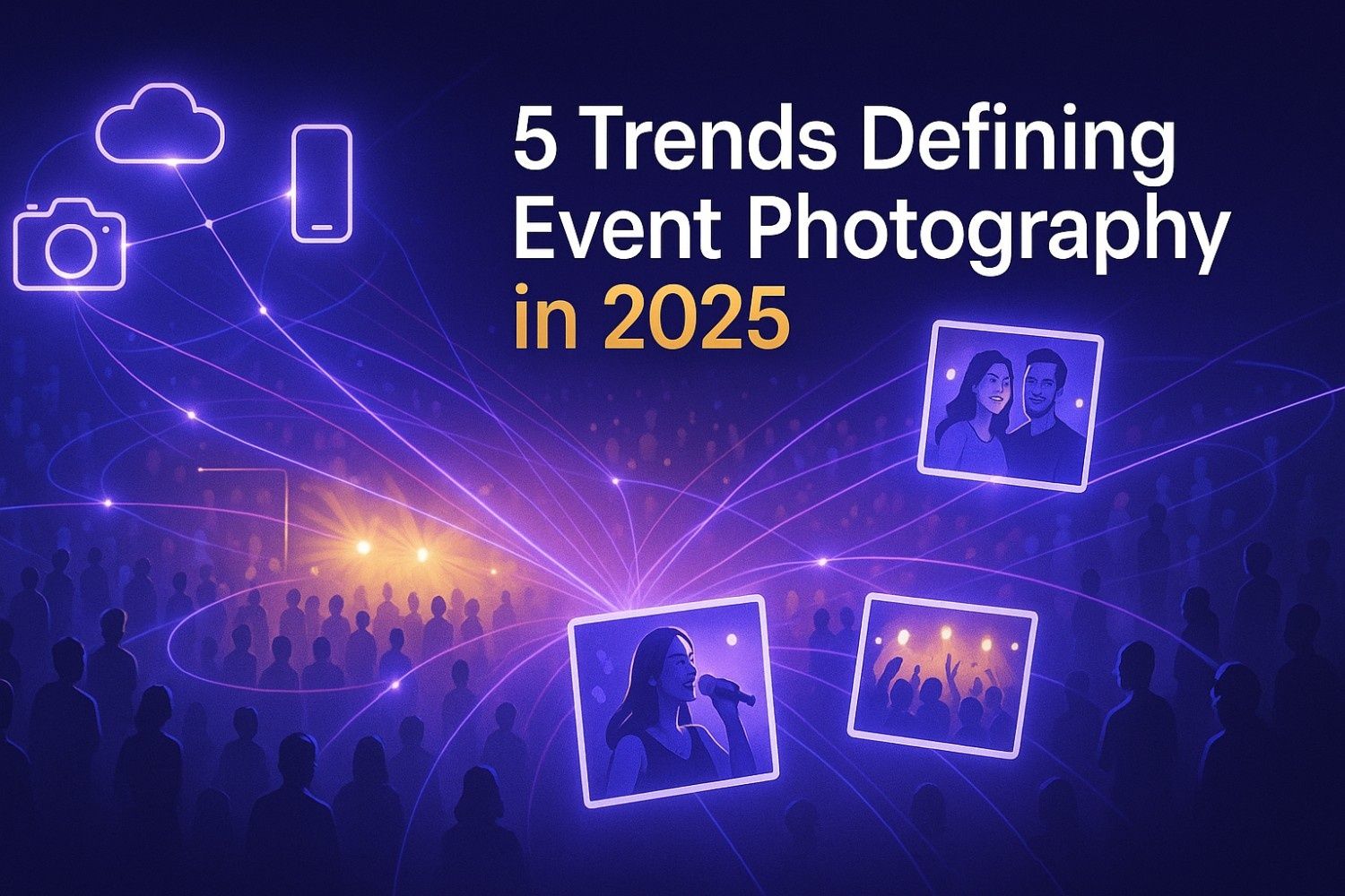 Illustration showing AI-powered event photography trends for 2025, with digital photo sharing, face recognition, and real-time delivery visuals.