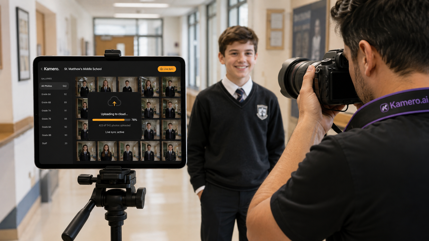 AI-powered school photography workflow delivering student portraits within 24 hours using camera-to-cloud automatio