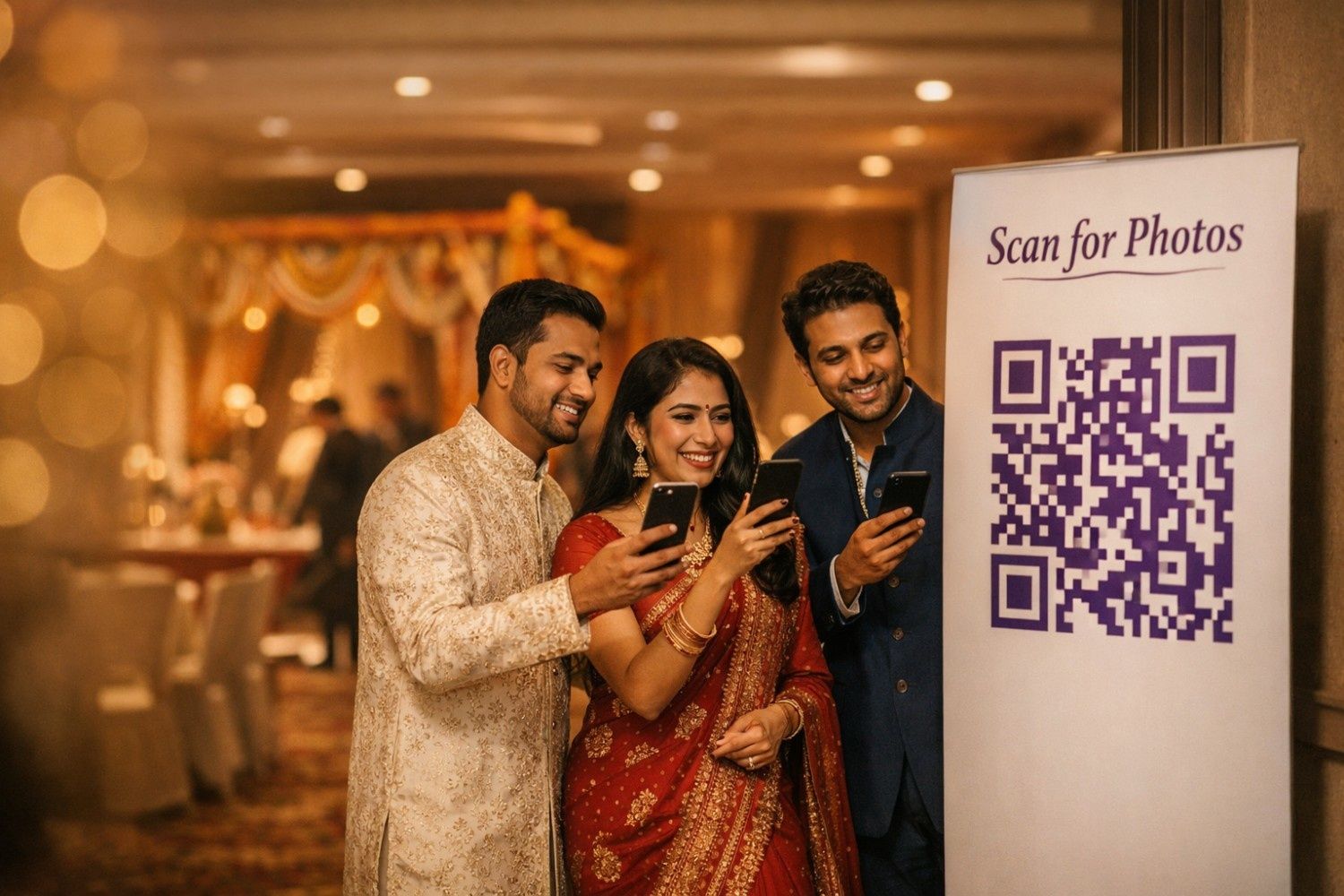 Wedding guests scanning a QR code at an Indian wedding to access their event photo gallery on smartphones. The scene shows instant photo sharing and mobile-first event photo delivery in action. Represents modern QR-based access and fast discovery for high-volume wedding photo galleries.