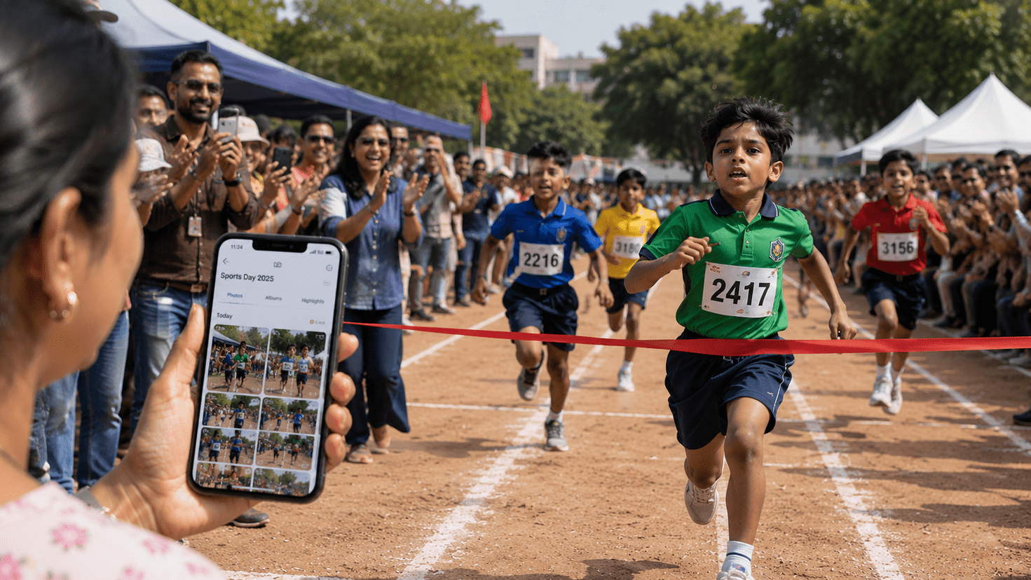 An Indian parent views live school Sports Day race photos instantly on a smartphone using an AI face-matching gallery app.