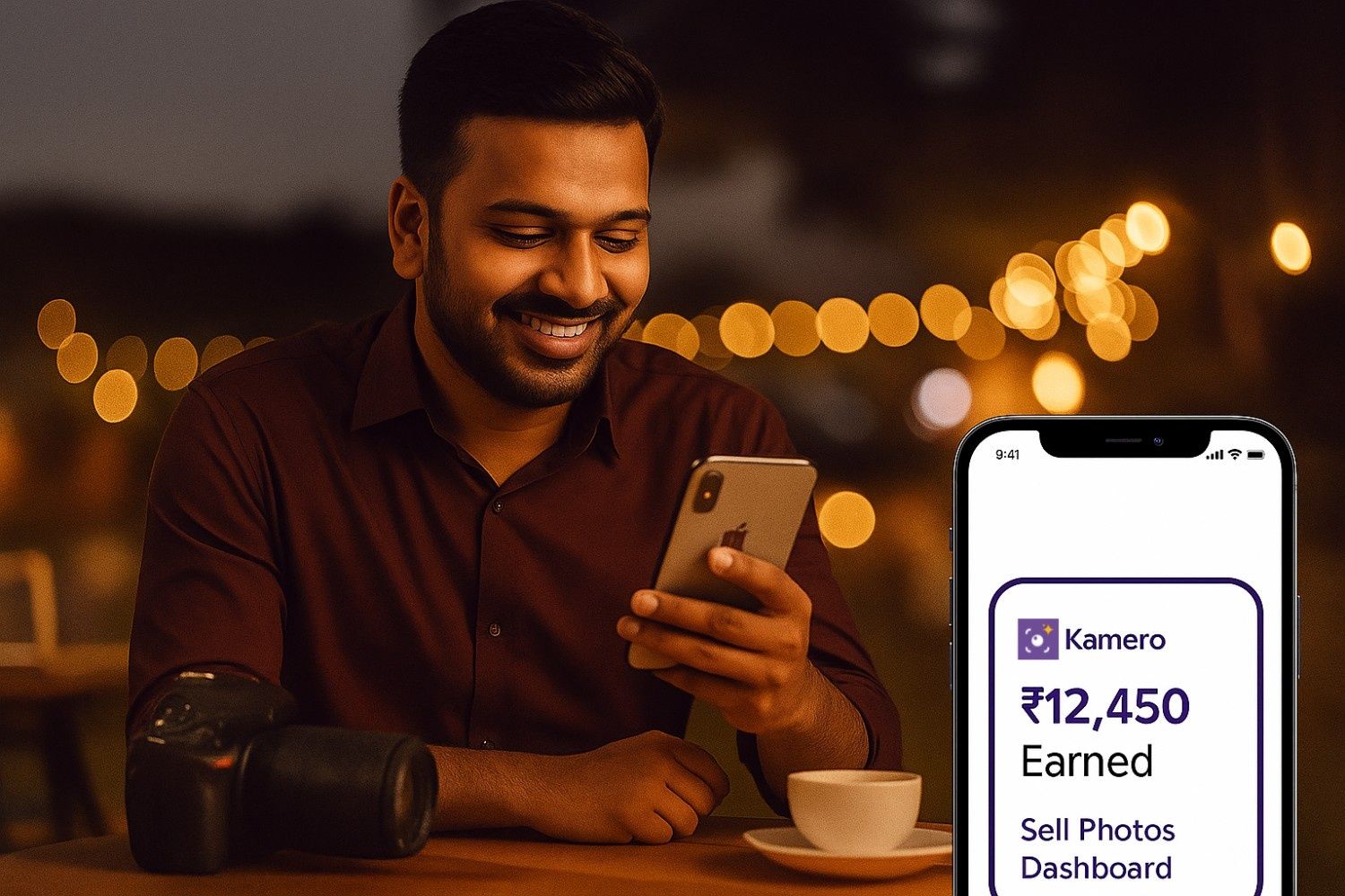 A smiling photographer sits at a café table holding his smartphone, with a camera and coffee cup beside him. On the right, a phone screen displays the Kamero app showing “₹12,450 Earned – Sell Photos Dashboard.”