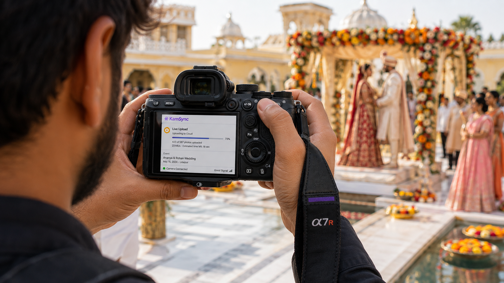Multi-city destination wedding photography workflow showing camera-to-cloud syncing, centralized editing, AI face matching, and fast photo delivery through Kamero.