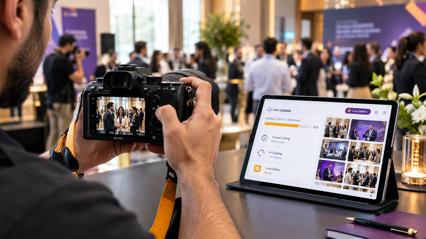 AI-powered photography workflow showing the process from camera-to-cloud capture and automated photo culling to instant delivery and in-gallery commerce.