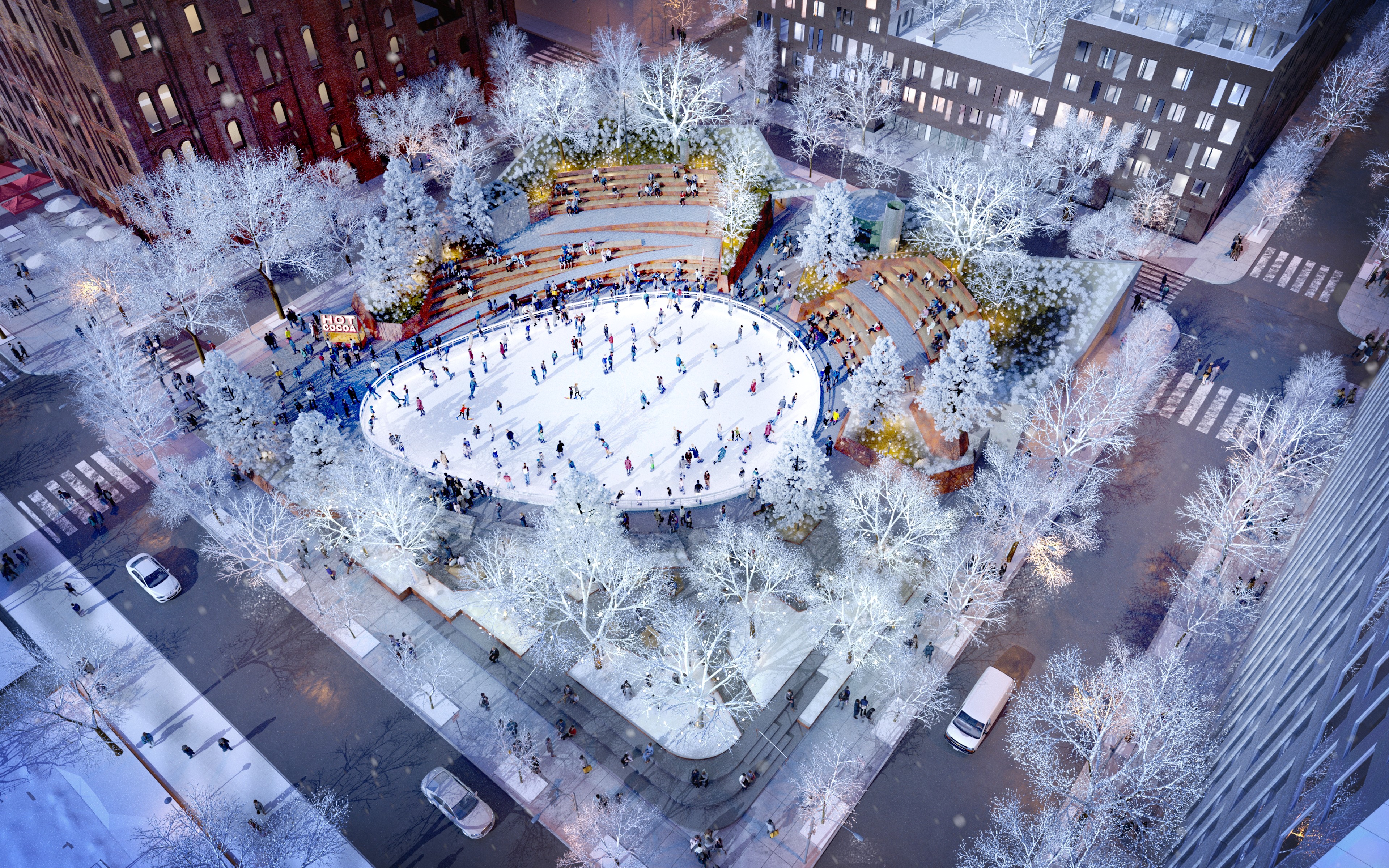 Rendering of the ice skating rink at Domino Park