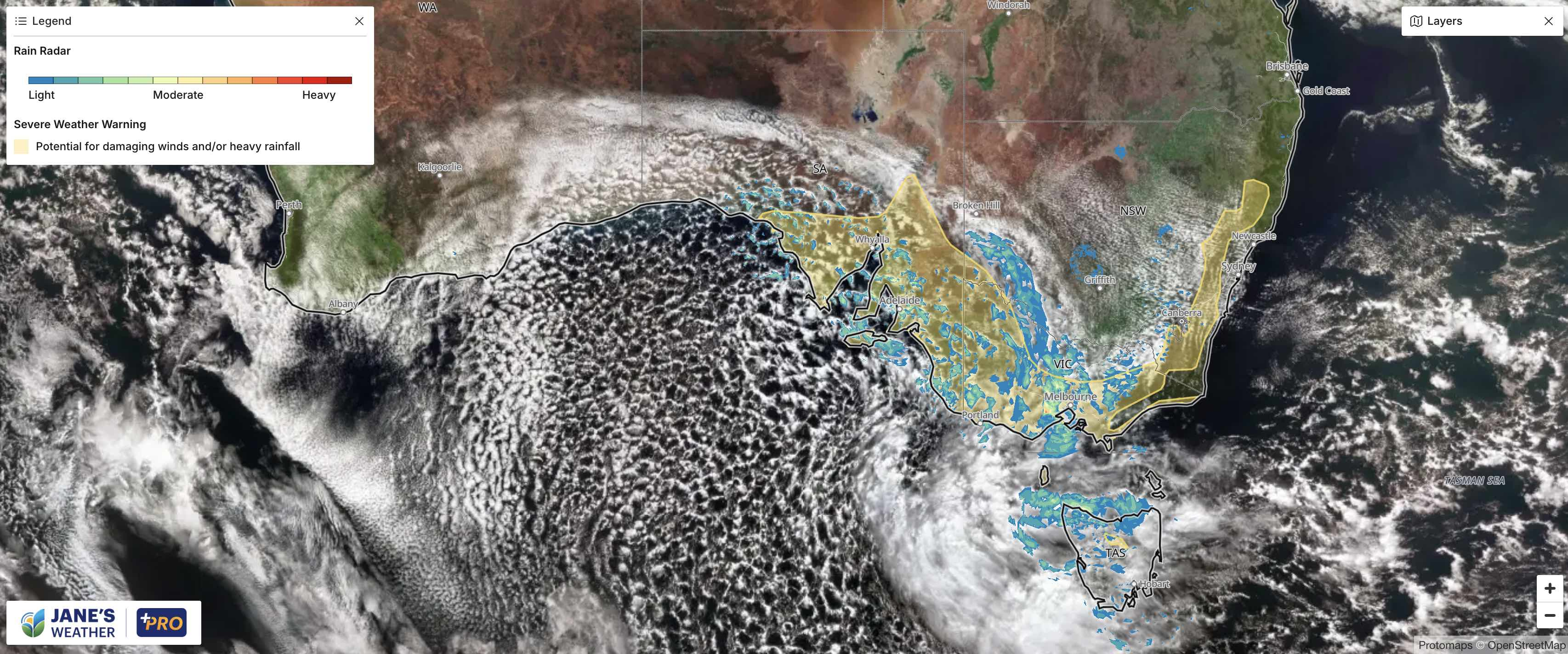Satellite, radar and severe weather warnings for damaging winds at lunch time on Friday