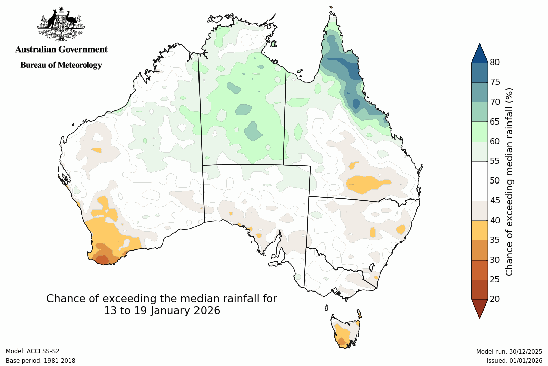 BoM Potential rain from 13 to 19 January