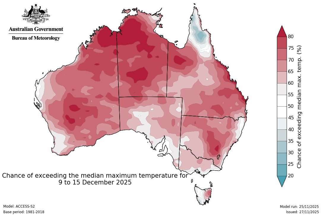 Hotter conditions return the following week, from 9 to 15 December
