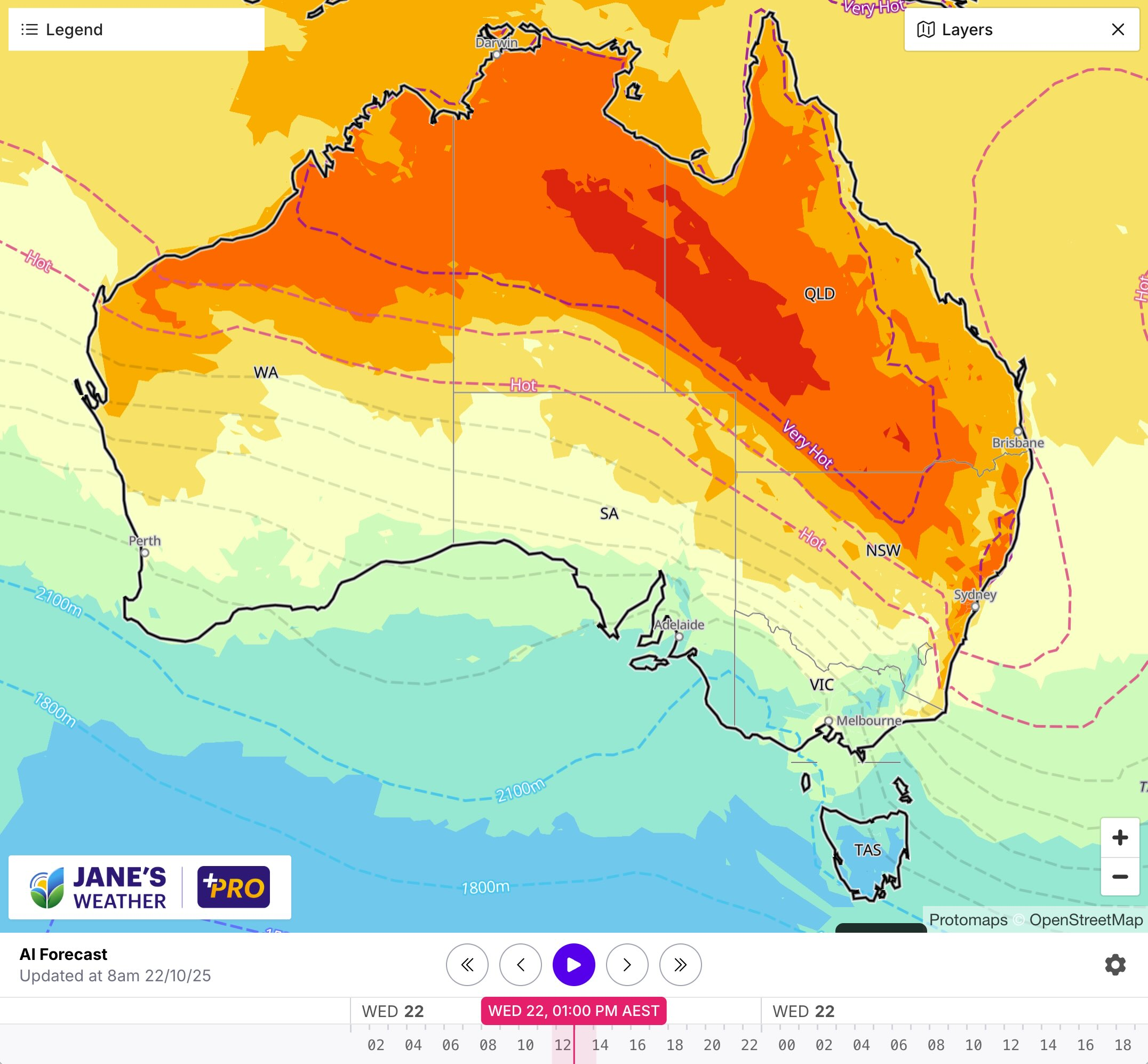 The contrast in temperature across Australia on Wednesday, with the dashed lines showing surges of heat (red and purple) or cold air (blue)