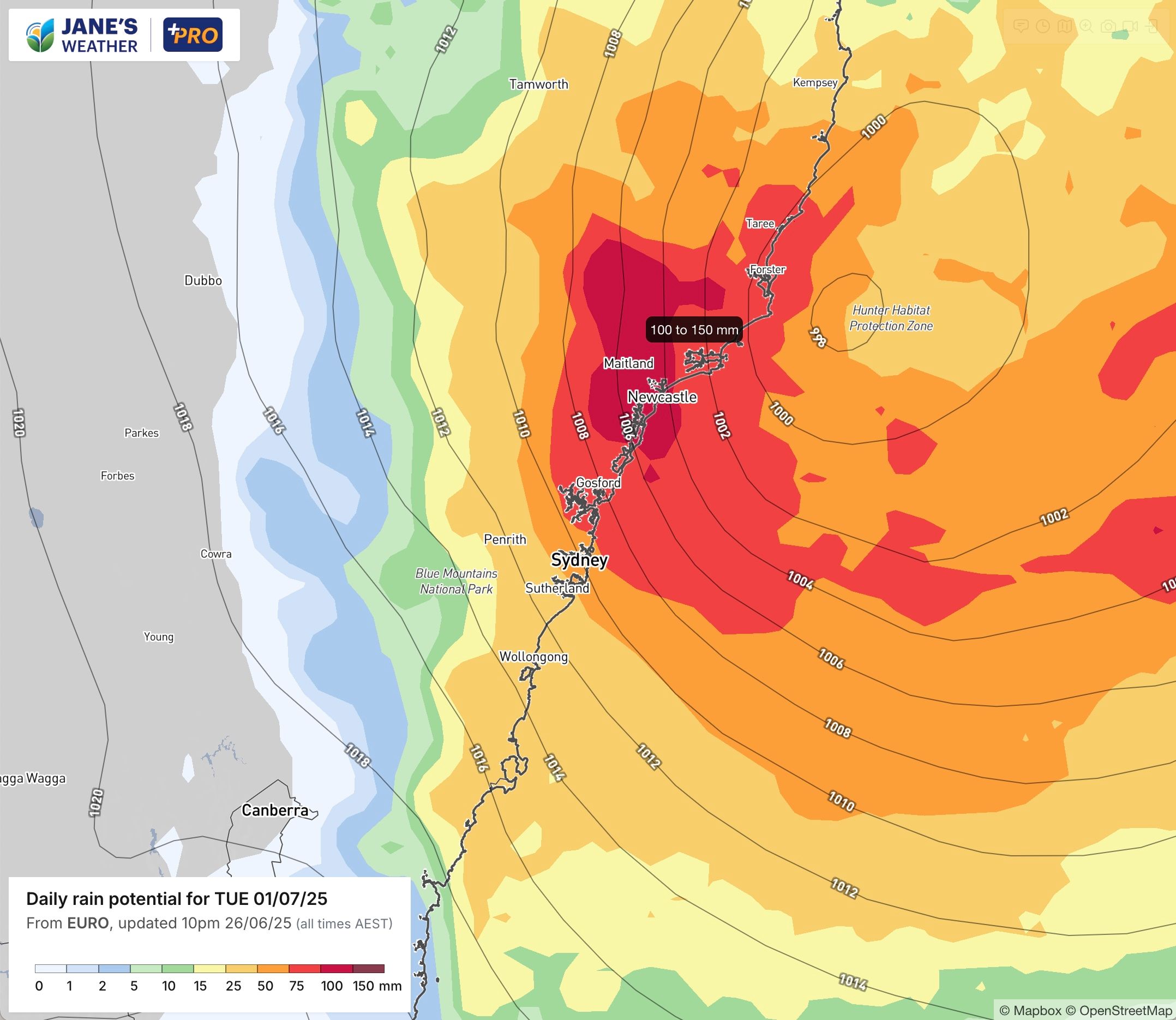 The Euro model's output for Tuesday, showing Newcastle, the Central Coast and Sydney in the firing line