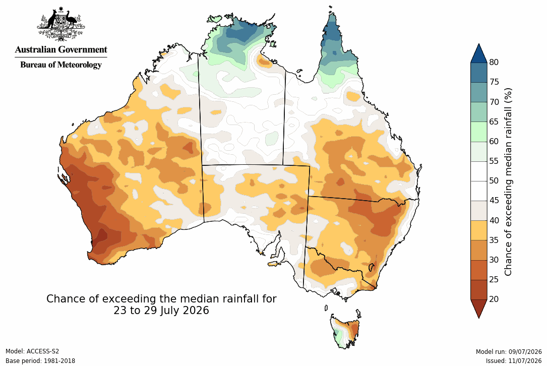 BoM Potential rain from 23 to 29 July