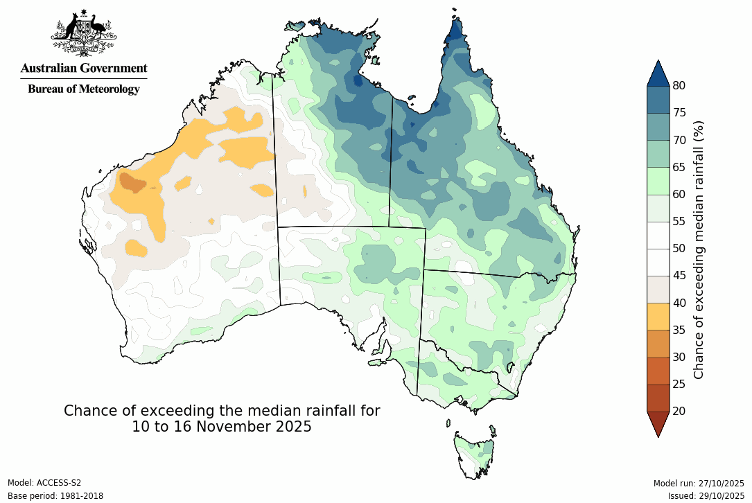 Potential for above or below average rainfall in the week beginning Monday 10th November - from BoM ACCESS model
