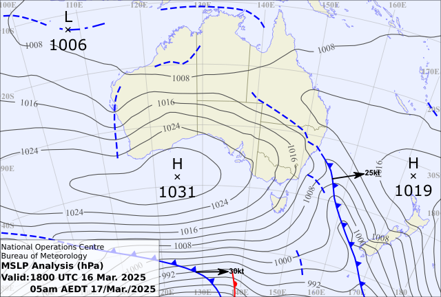 BoM's analysis of the weather pattern at 5am AEDT Monday 17th March
