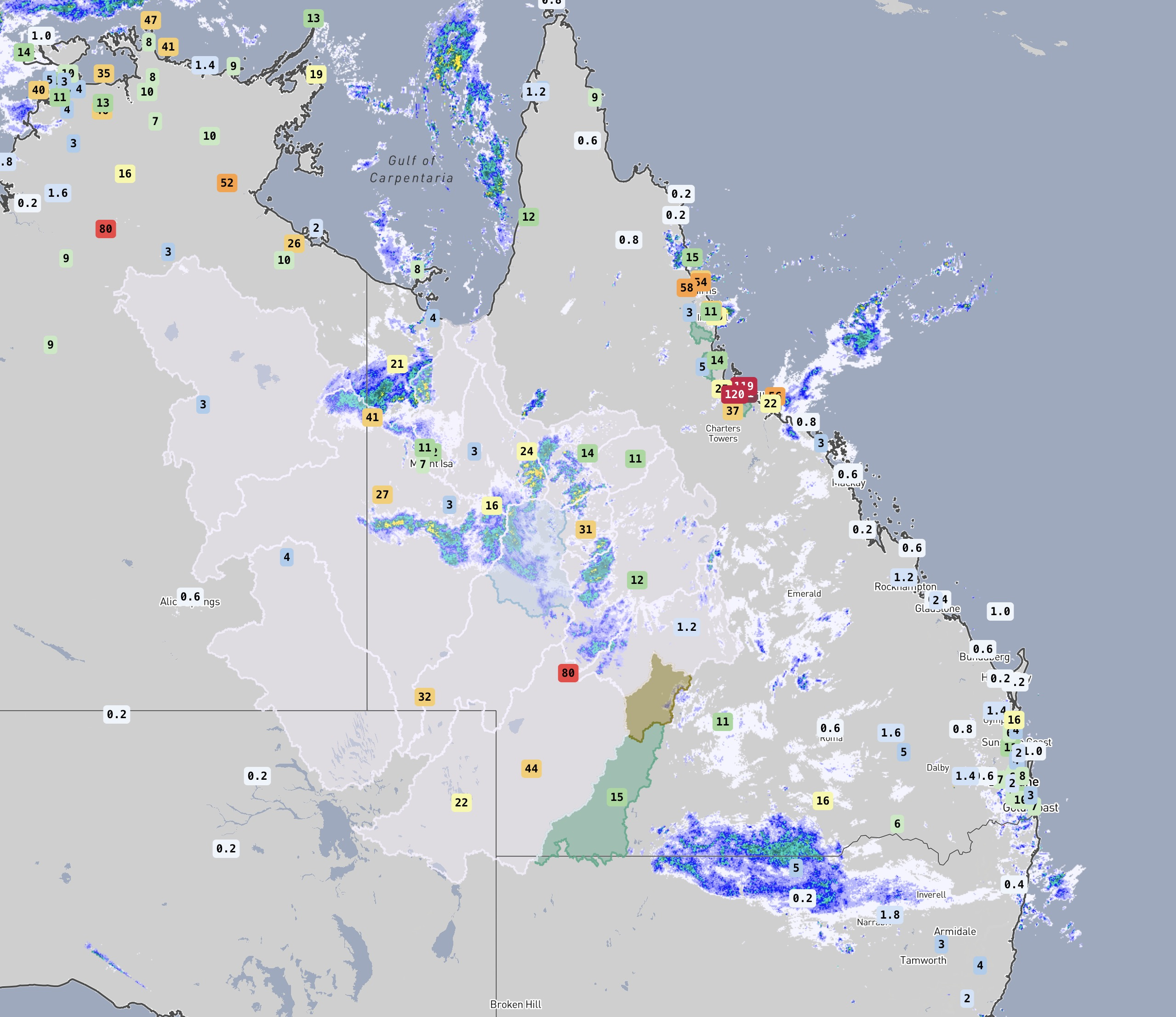 Rainfall totals, radar, and flood watches and warnings, at 8am AEST on Monday 24th March 2025