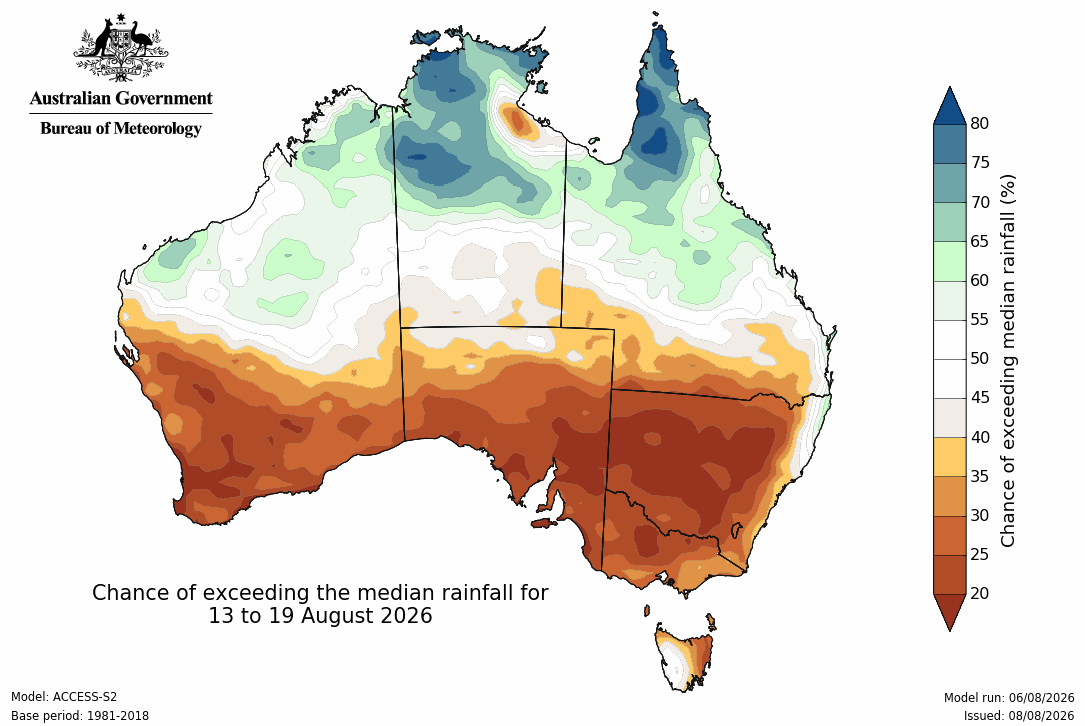 BoM Potential rain from 13 to 19 Aug