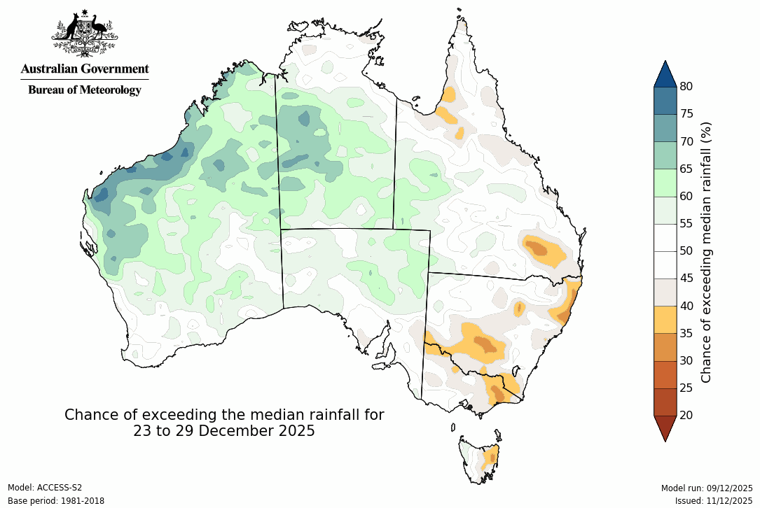 BoM Potential rain for 23 to 29 December