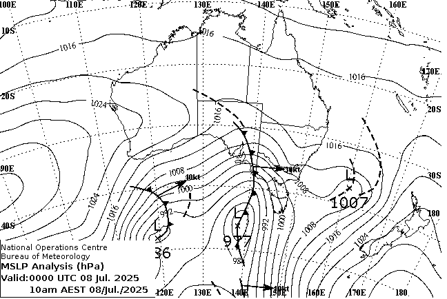 The pressure pattern on Tuesday morning, showing cold fronts crossing the Bight, heading for the southeast