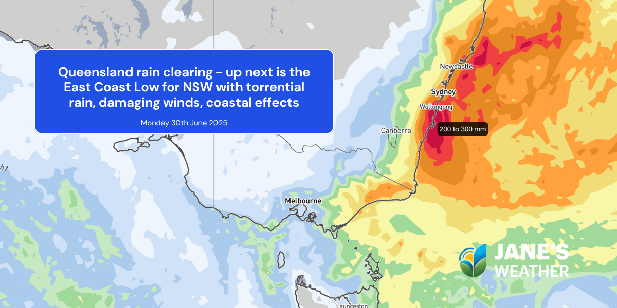Queensland rain clearing - up next is the East Coast Low for NSW with torrential rain, damaging winds, coastal effects