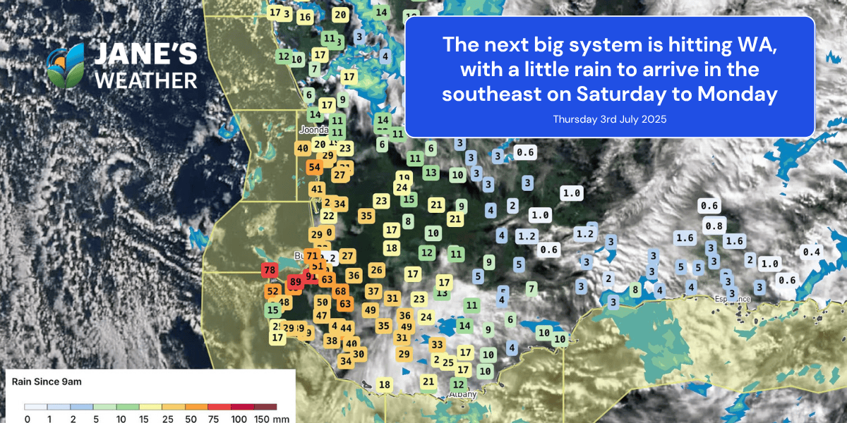 The next big system is hitting WA, with a little rain to arrive in the southeast on Saturday to Monday