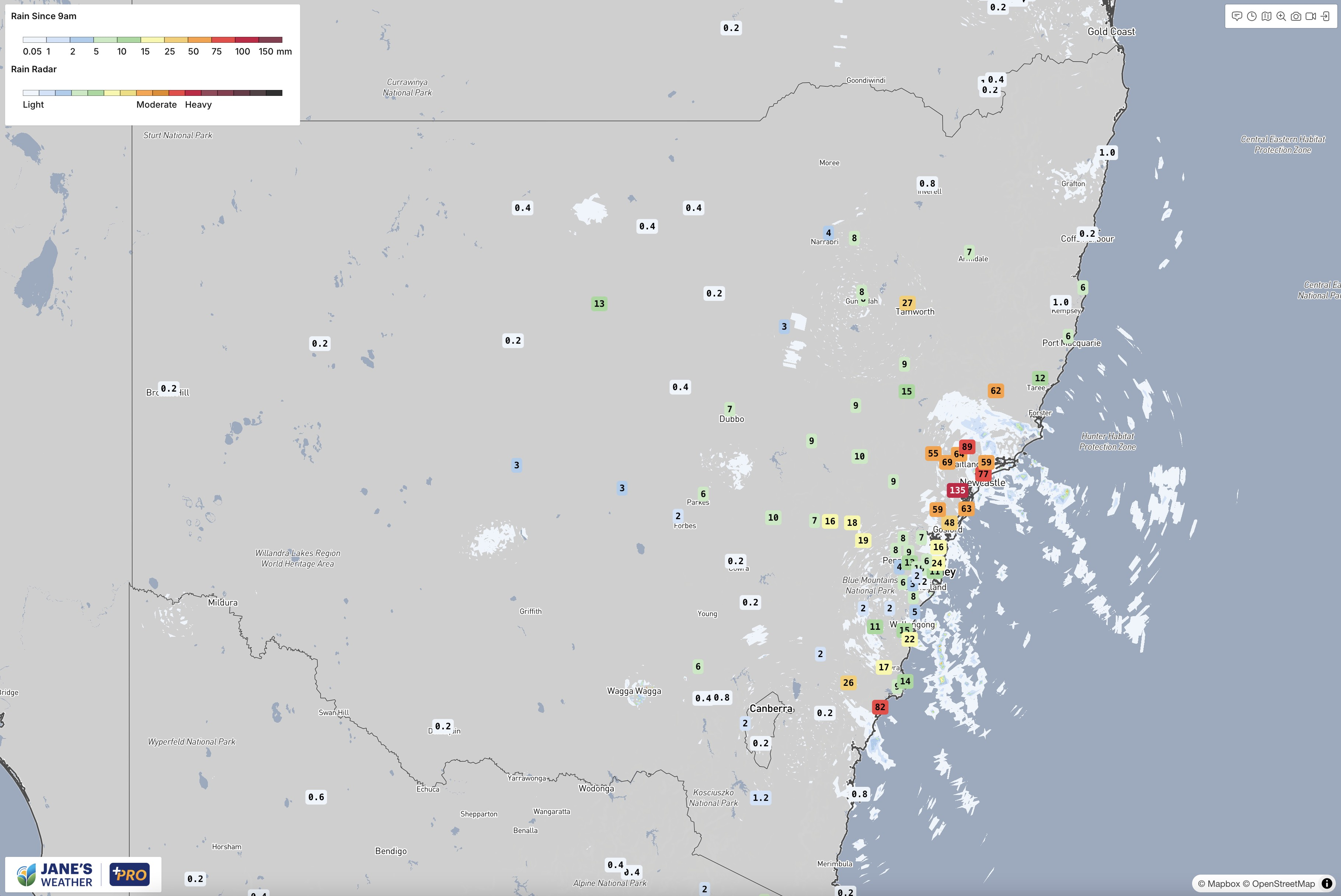 Rain totals in the 24 hours from 9am Sunday to 9am Monday, plus the current radar 