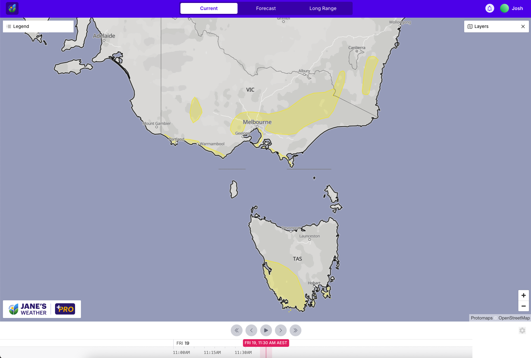 Yellow areas indicate a Severe Weather Warning for Damaging Winds