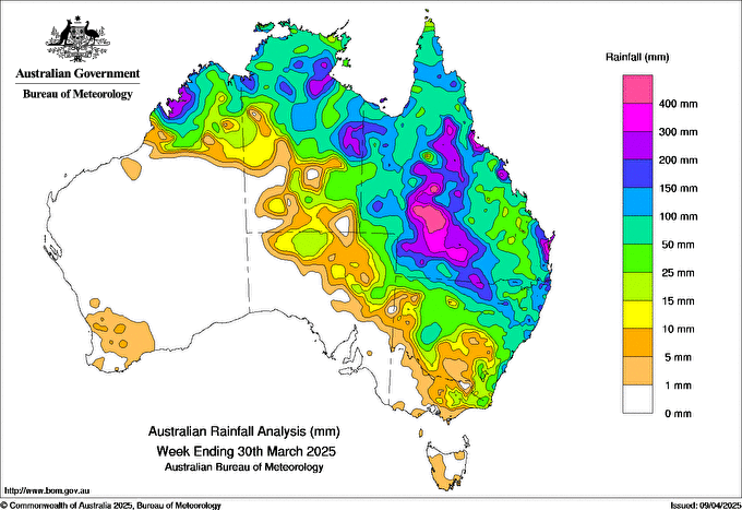 Rainfall totals for the week ending 30th March 2025 have all the rain over the northeastern half of the country