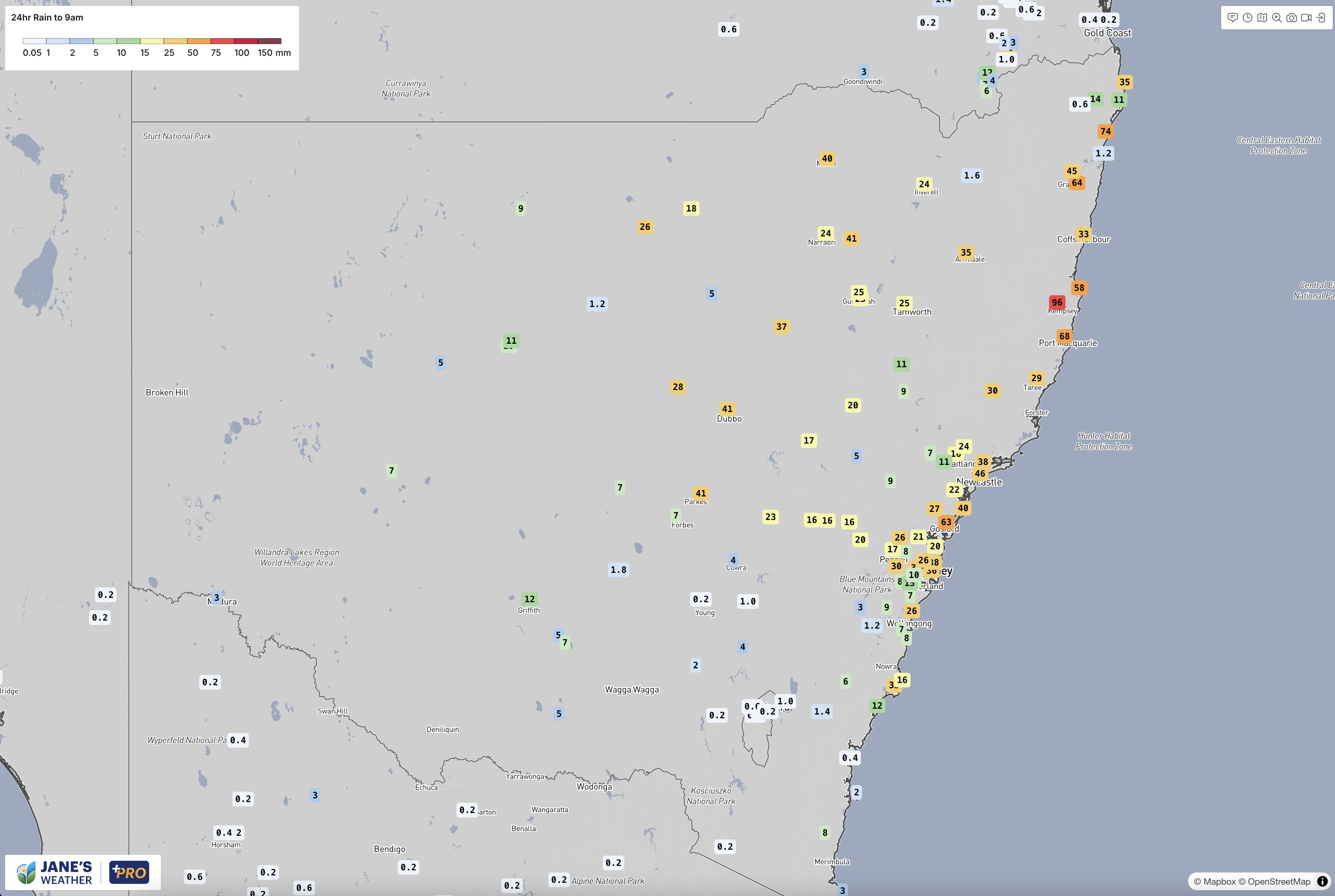 Rain totals in the 24 hours from 9am Saturday to 9am Sunday
