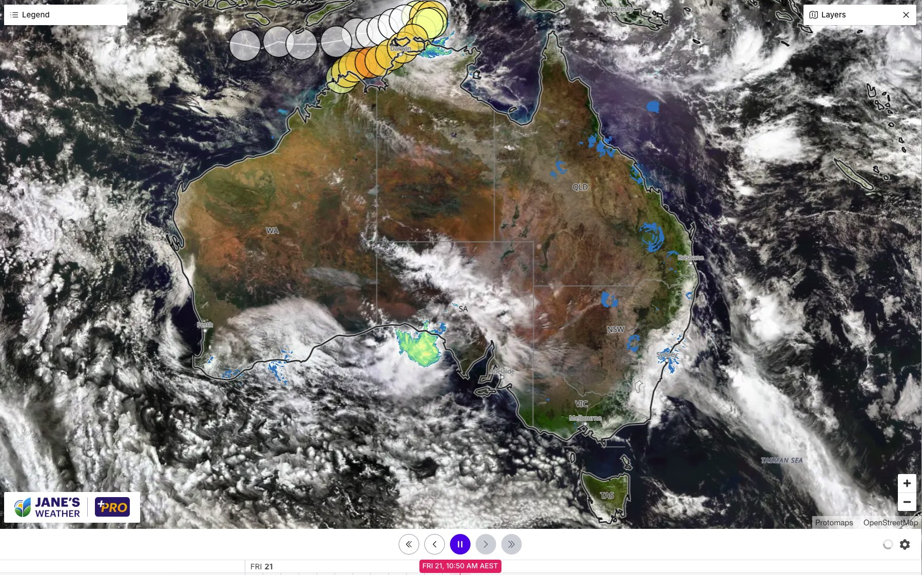 Satellite and radar late on Friday morning, with the path of Cyclone Fina